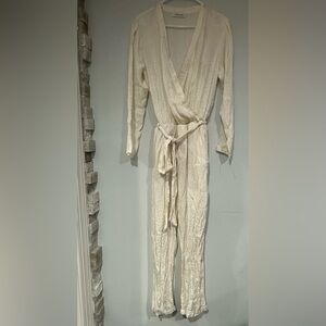 Overlover Cream Wrap Jumpsuit with Metallic Cheetah Print & Pockets – Size S